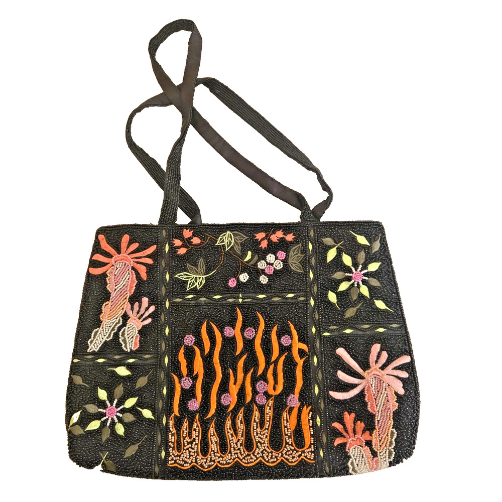 Vintage Black Beaded Purse Retro Boho Hippie Whimsical Seed Beads Handbag